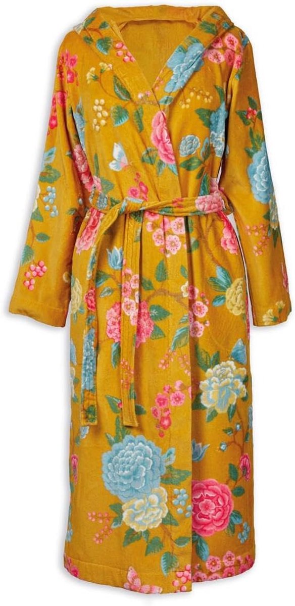 Luxe Gele Badjas met Oosterse Bloemenprint en Capuchon voor Dames