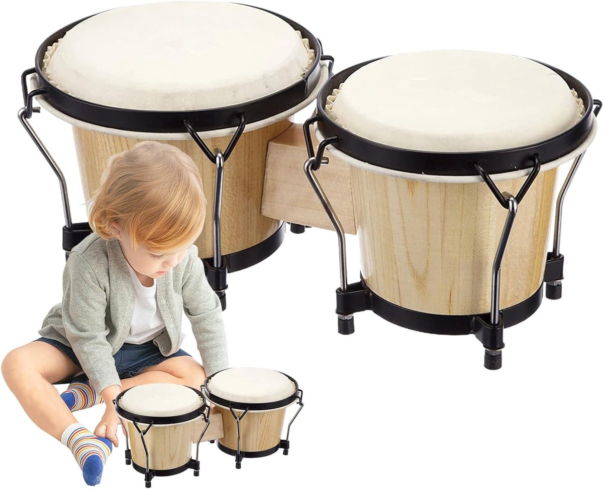 Bongo Trommel - Handtrommel Percussie - Muziek Leren - Mahonie Hout - 6 en 7 inch - Houtkleur