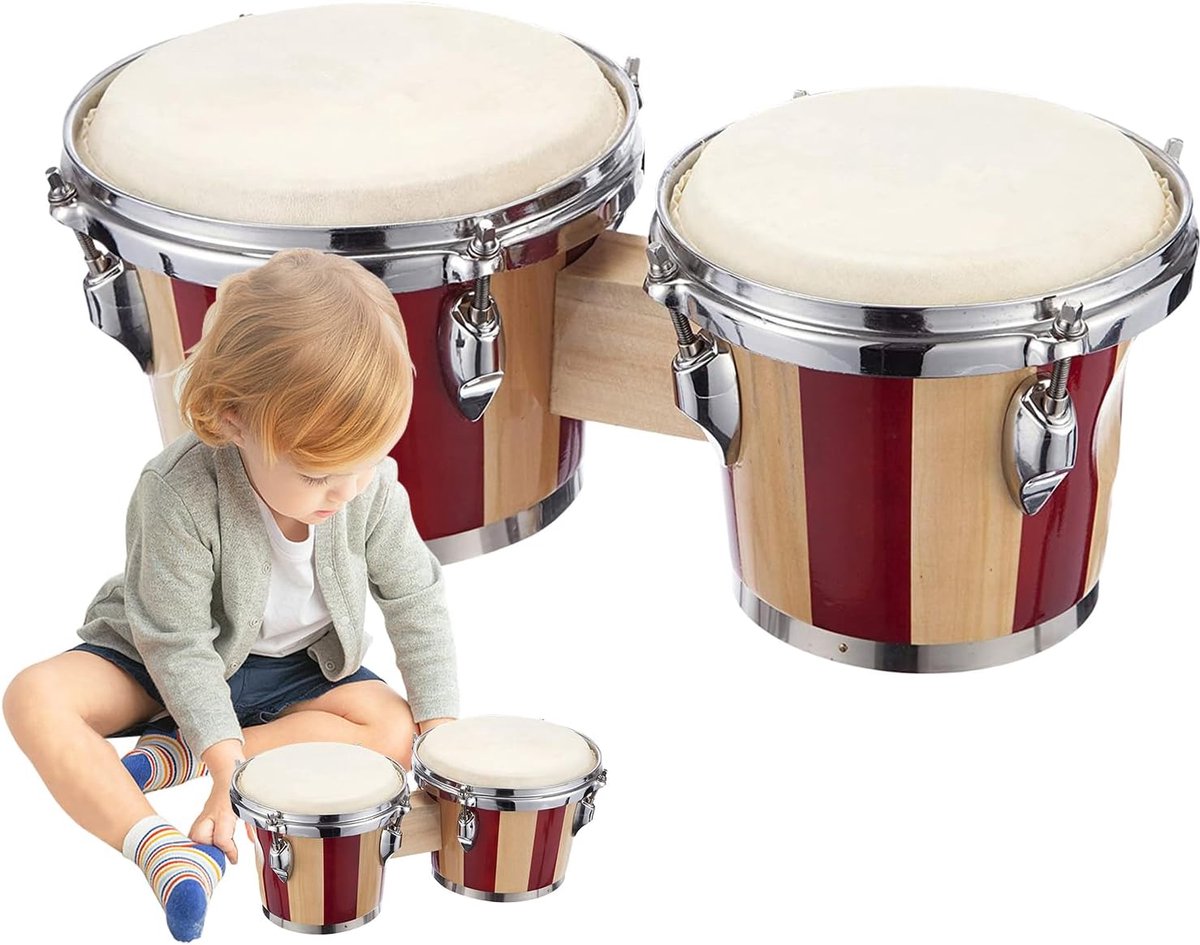 Bongo Trommel - Percussie Instrument - Muziek Maken - Mahonie Hout - 6 en 7 inch - Rood en wit