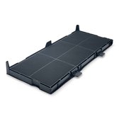 Zwart koolstoffilter met een rechthoekig plastic frame en zes compartimenten.