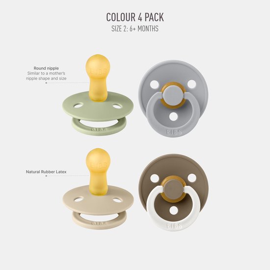 BIBS Colour speen verpakking 4 stuks, BPA-vrije fopspeen, Ronde speen. Natuurlijk rubberlatex, Denmark. 6-18 maanden (Verpakking 4 stuks), Vanilla Glow Mix van Merkloos — afbeelding 4