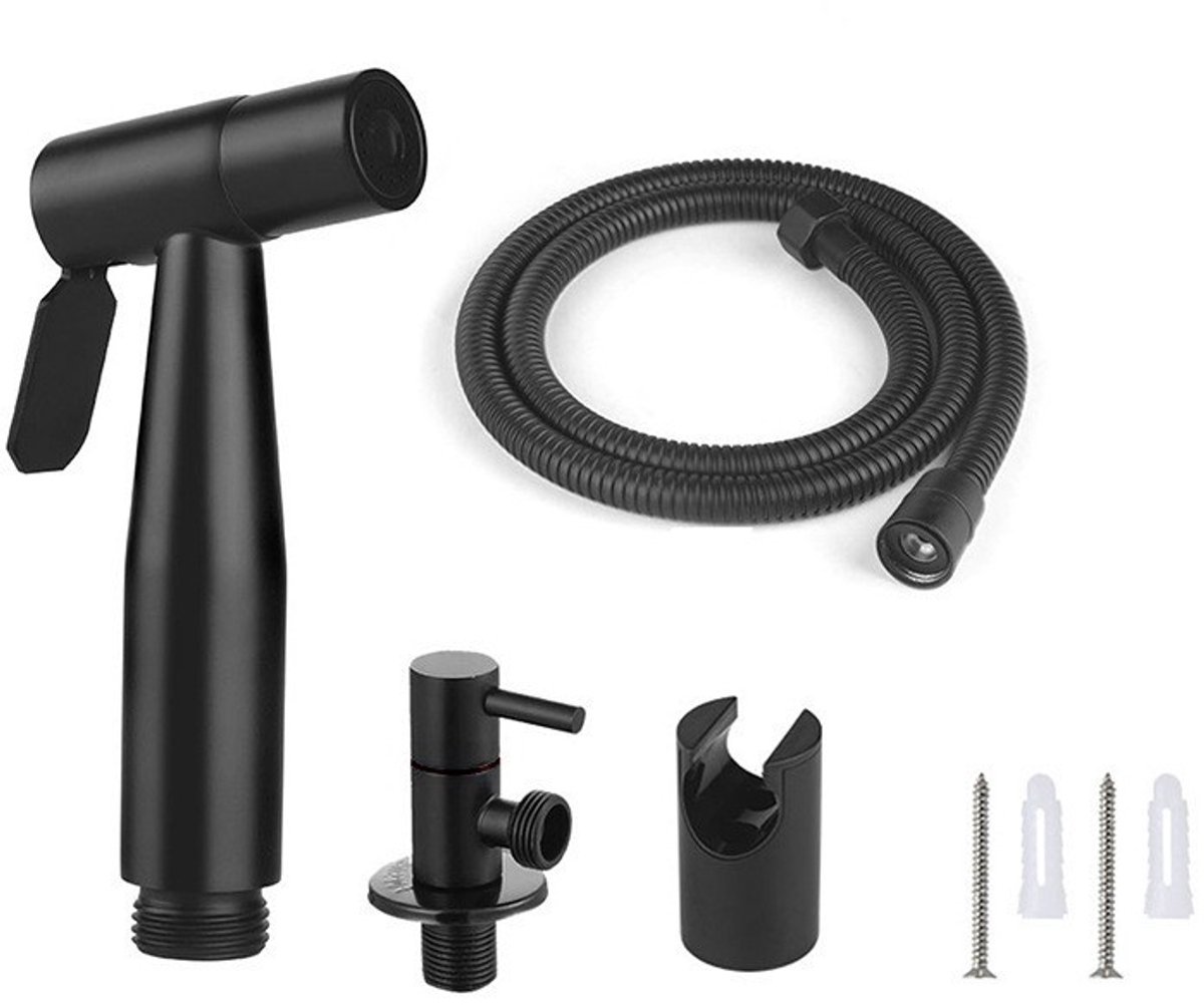 Roestvrijstalen toiletsproeierset - Complete set bestaande uit toiletsproeier + slang + standaard, boostsproeier voor badkamers en toiletten - Zwart