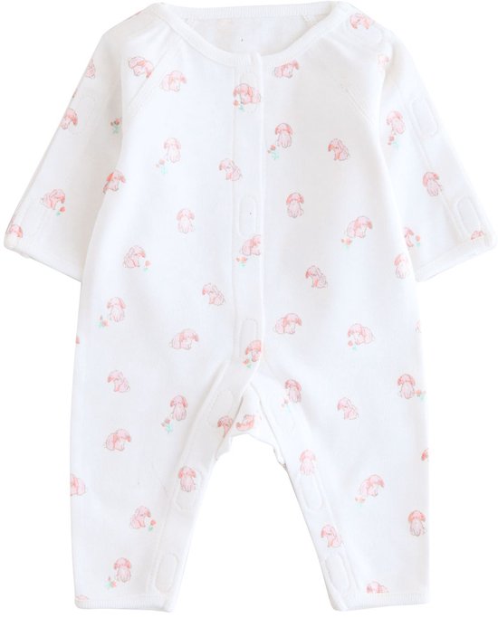 Wit baby pakje met lange mouwen en all-over print van schattige roze olifantjes.