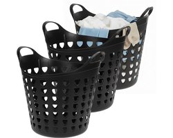 Excellent Houseware Flexibele wasmand - 3x - zwart - 26 liter - kunststof - 40 x 41 cm