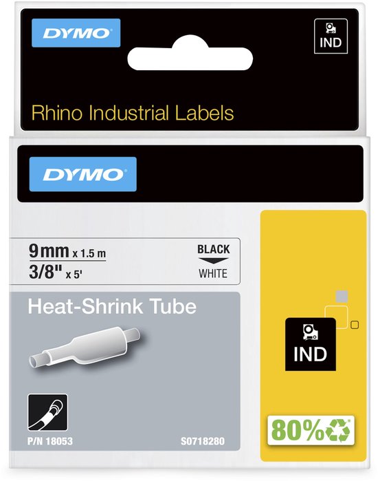 DYMO "Rhino Industrial Labels" verpakking. Bevat 9mm x 1,5m "Heat-Shrink Tube" zwart op wit. 80% recyclebaar.
