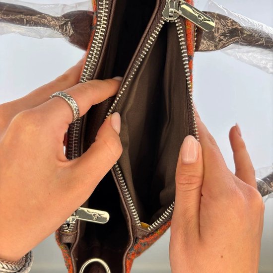 Petit sac cabas Brora jaune, vert pied-de-poule et marron - Fermeture éclair - Bandoulière - Harris Tweed - Glen Appin of Scotland