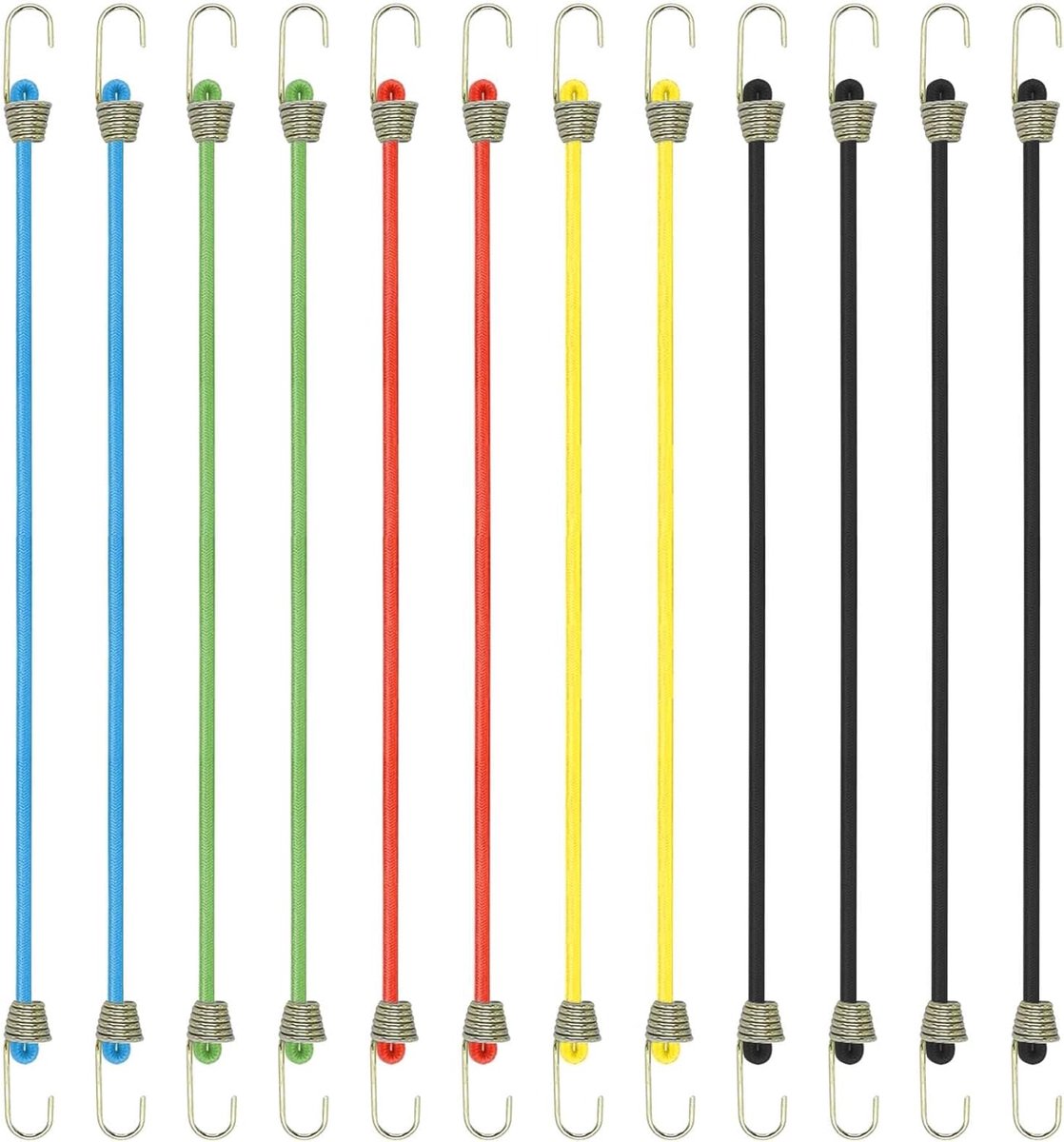 Mini Bungee Snoeren - Elastische Koorden - Vastzetten Spullen - Met Haken - 12 Stuks - Veelkleurig