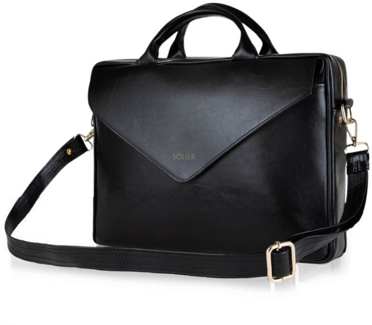 Solier FL15 Positano - Laptoptas Dames - Echt Leer - 15,4 Inch Laptopvak - Schouderriem - Zwart