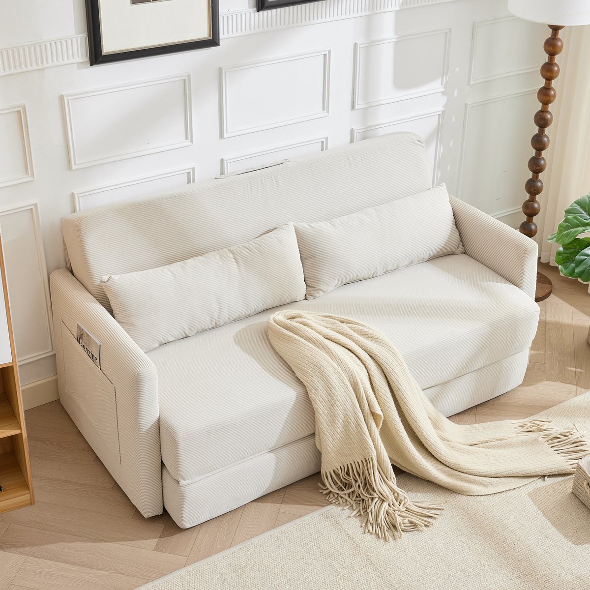 Wishdor - 2-Zits Vloerslaapbank - 2-In-1 Opklapbaar - Voor Woonkamer - Ribstof - Beige - 165 X 92 X 82 Cm