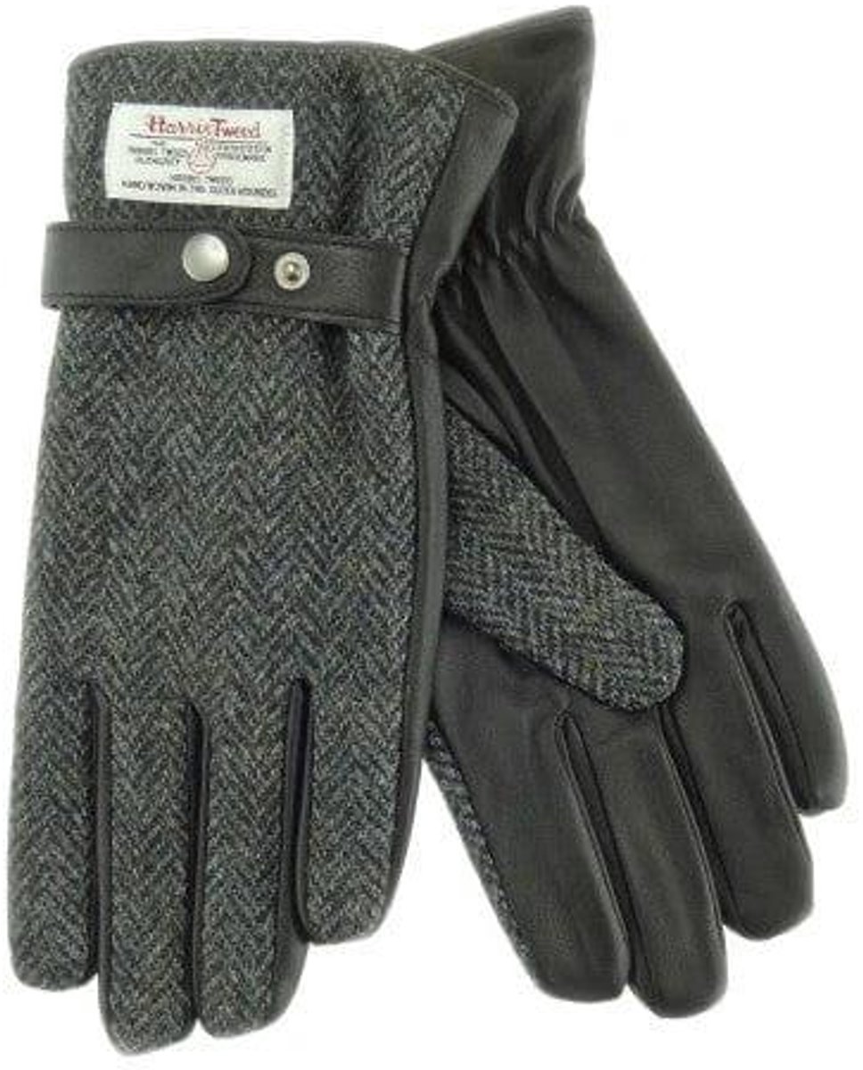 Heren Handschoenen Grijs gemêleerd met Zwart Leer zonder verpakking - Harris Tweed - Glen Appin of Scotland