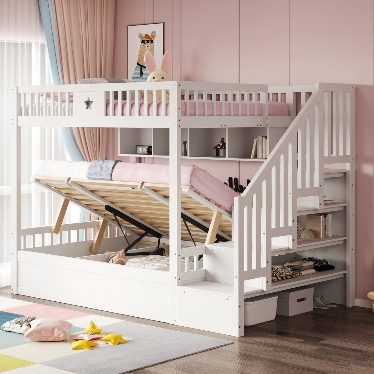 Stapelbed 140x200cm - met opbergruimte - opbergladder - plank - tienerbed - wit - zonder matras