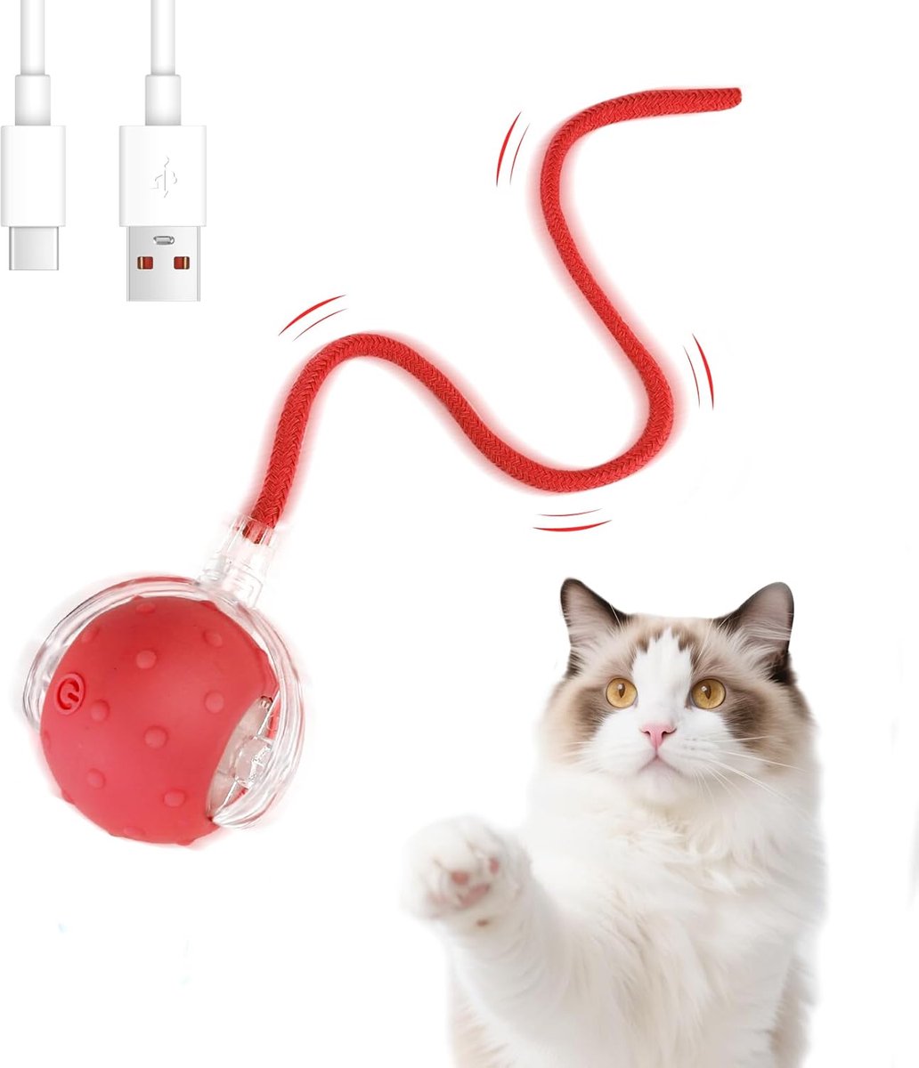 Interactieve Kattenbal - Elektrisch Speelgoed - Zelfstandig Spelen - 360 Graden Beweging - 8 x 6.5 x 5.7 cm - Rood