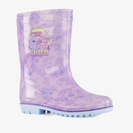 Botte de pluie violette avec imprimé violet de Stitch et Angel, et des motifs tropicaux.
