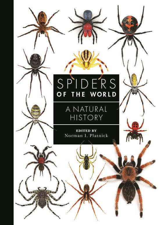 Twaalf spinnen, waaronder een vogelspin en een zwarte weduwe, omringen de titel 'Spiders of the World'.