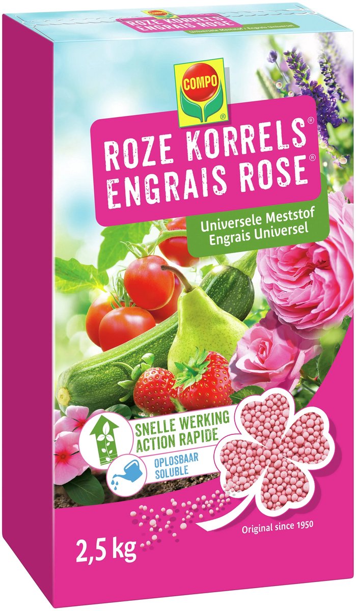 COMPO Roze Korrels® - rijke en snelwerkende meststof - voor alle tuin-, balkon-, terras- en kamerplanten - doos 2,5 kg
