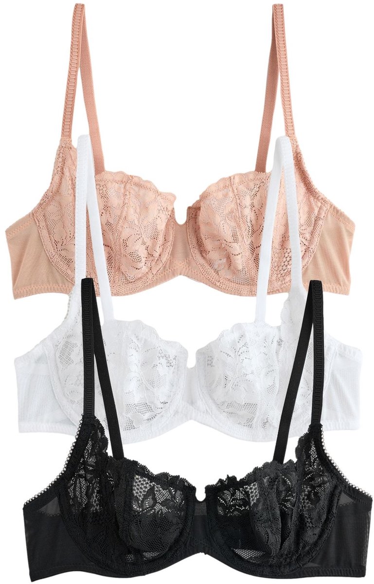 Next Dames - Set van 3 kanten balkonbeha's zonder vulling - Zwart Black/White/Nude