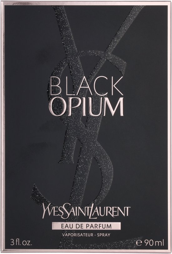 Zwarte flacon met glitterafwerking, 'BLACK OPIUM' in reliëf, YVES SAINT LAURENT EAU DE PARFUM.