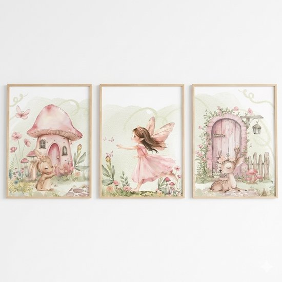 Trois affiches avec des illustrations pastel de fées, un lapin, un faon, une maison champignon et des fleurs.