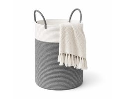 Wasmand van gevlochten katoenen touw met handgrepen, grote opbergmand voor speelgoed in de kinderkamer, dekens in de woonkamer, D 35 x H 50 cm, wit en grijs