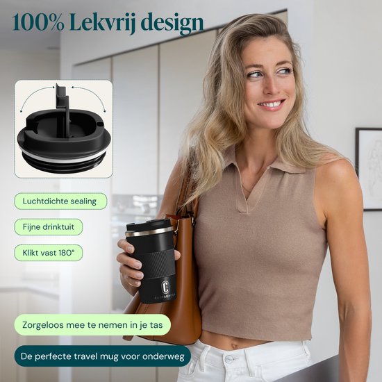 Castagnola Thermosbeker - Koffiebeker To Go - Travel Mug voor Koffie en Thee - Theebeker - 380 ML - RVS - Zwart