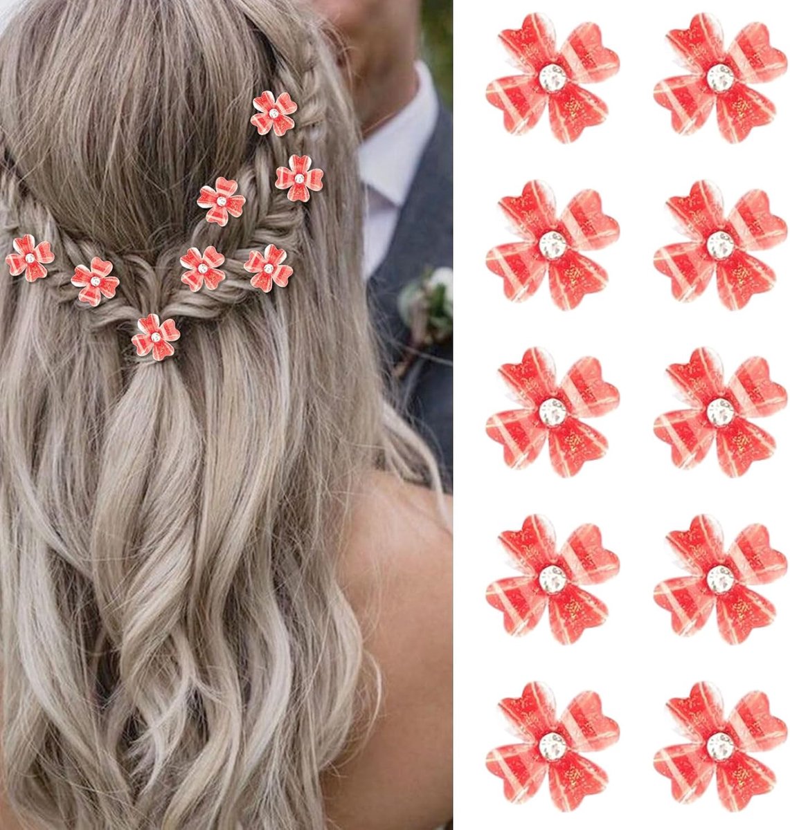 Mini Haarspelden - Kleine Klemmen Bloem - Bruiloft Styling - Strass Decoratie - 10 Stuks - Rood