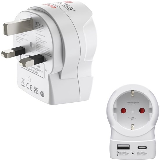 Skross by Hama Reisstekker - EUR (type E,F) naar UK (type G) - 1x USB-A, 1x USB-C PD - Wit