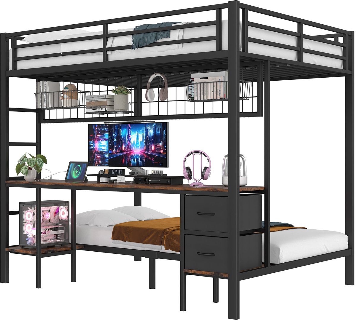 Merax Stapelbed 140x200 met Bureau - LED en USB - Lades en Planken - Zwart