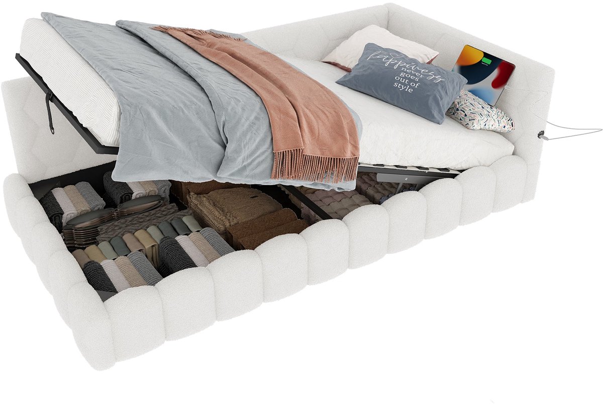 Merax Slaapbank 90x200 cm - Gestoffeerd Bed met Opbergruimte - Hydraulisch Lift Systeem - Houten Lattenbodem - LED Verlichting met Afstandsbediening - USB en Type C - Fluweel - Wit