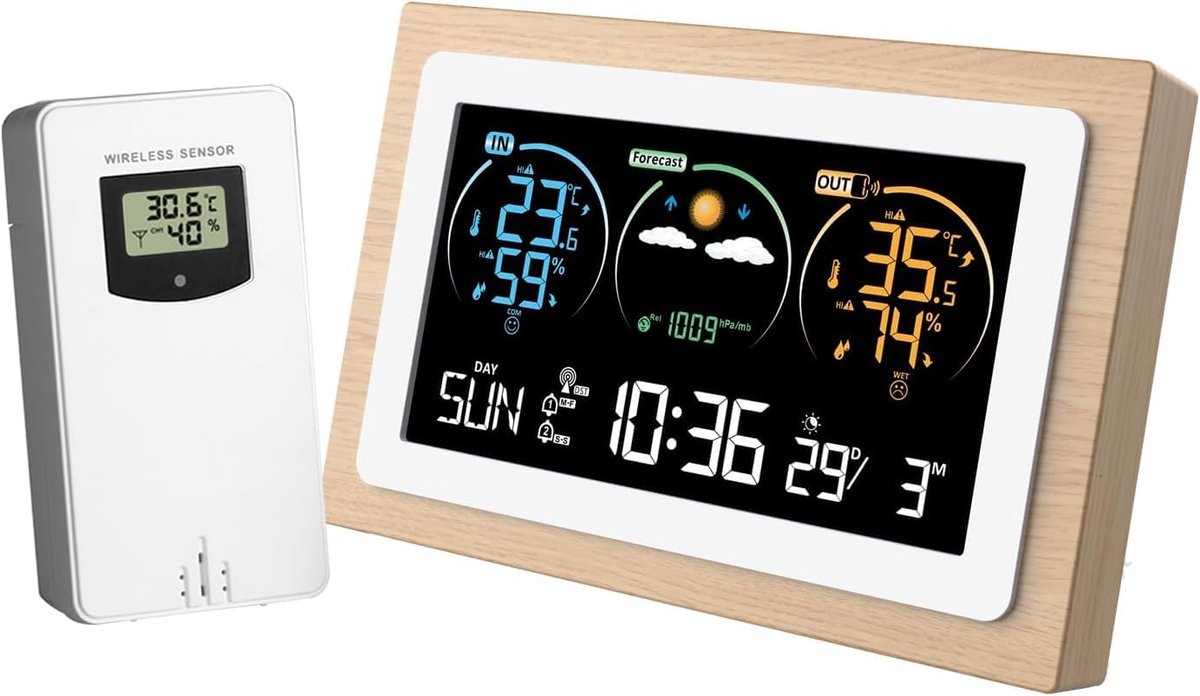 Digitaal Weerstation - Binnen Buiten Meter - Thuis Klimaat - Groot Kleurdisplay - Met Buitensensor