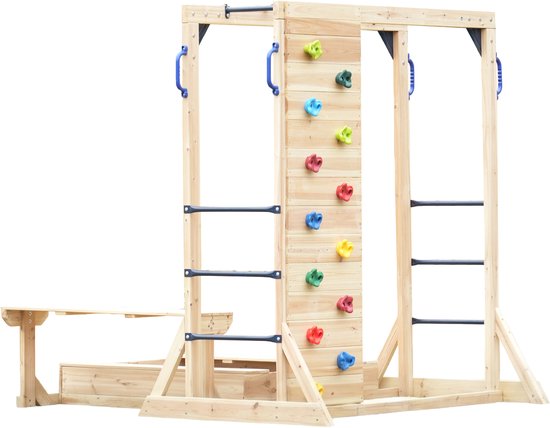 AXI Dex Klimtoestel Bruin – Met Zandbak, Picknicktafel en Monkey Bars, Houten Klimrek met Klimwand, Speeltoestel met Zandbak - FSC 100% hout – Klein speeltoestel voor de tuin / buiten