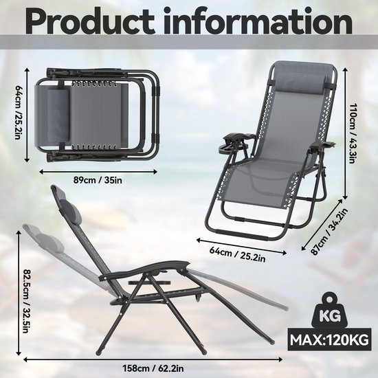 Opvouwbare Zonligstoel - Met Kussen - Verstelbare Rugleuning - Zijzak - Ergonomisch - Tuinligstoel - Metalen Frame - Oxford Stof - Draagbaar - Ligstoel - Voor Camping, Strand En Kantoor - Grijs - NAIZY — afbeelding 2