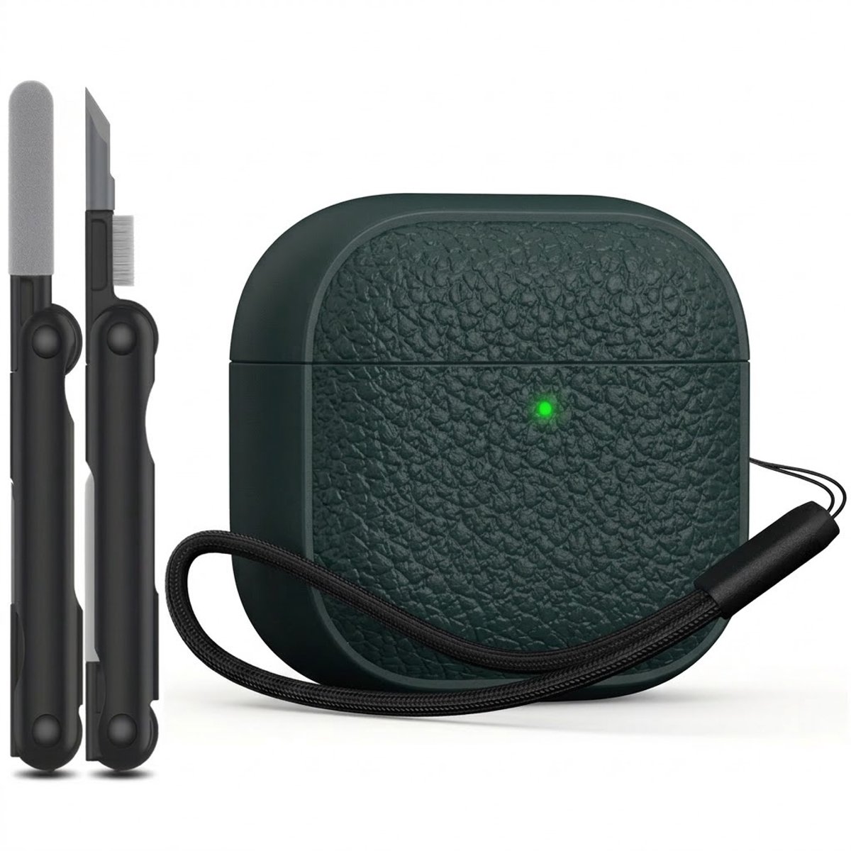 Groen hoesje voor oordopjes unisex met textuur en draagkoord geschikt voor AirPods 4 inclusief reinigingsset en TPU beschermhoes