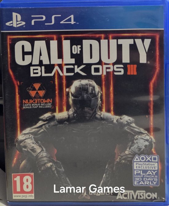 Playstation 4 hoesje voor Call of Duty: Black Ops III met een zittende soldaat en tekst in het Frans.