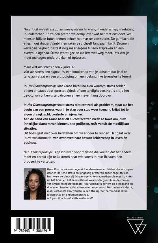 Portret van auteur Grace Rivellino-Alfons met krullend haar en een glimlach. De achtergrond is donker met tekst over stressmanagement.