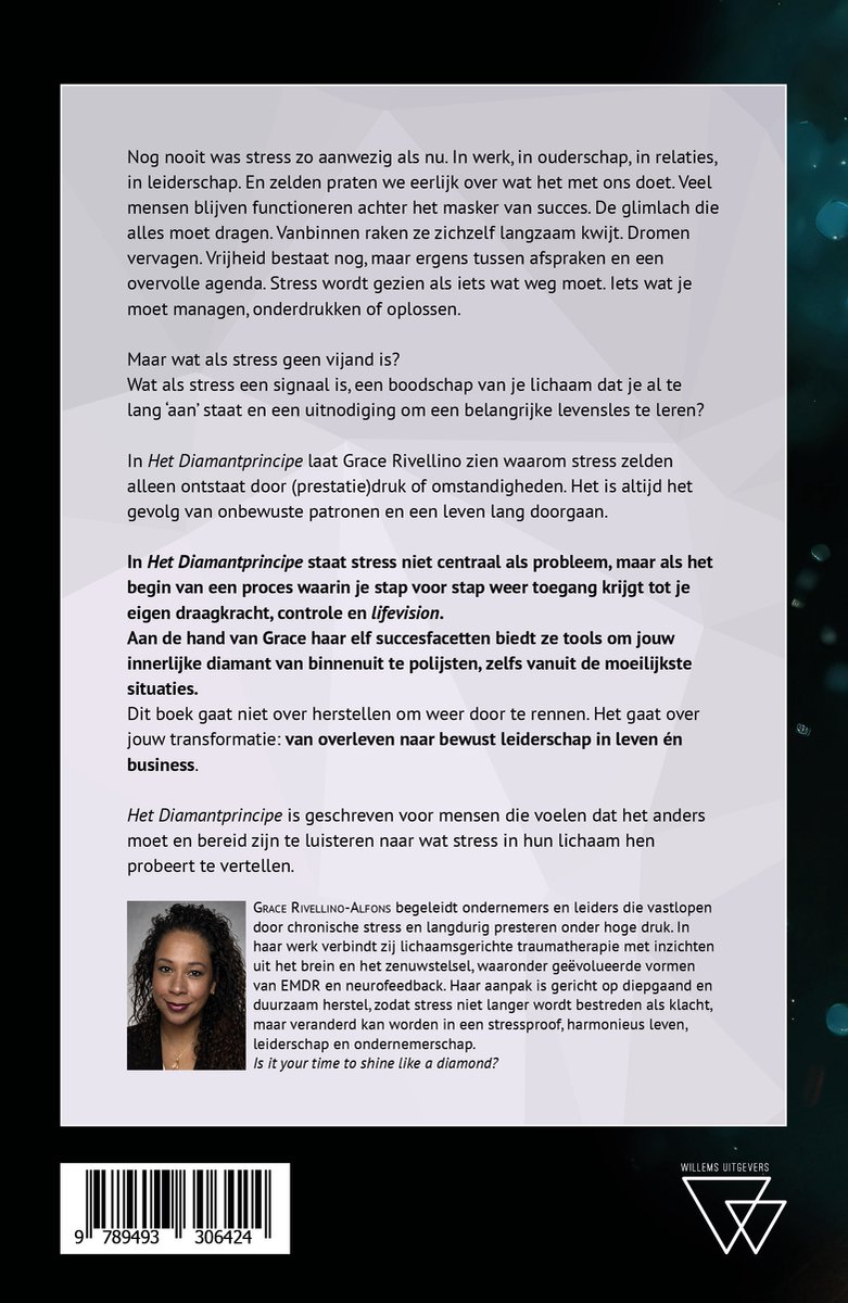 Portret van auteur Grace Rivellino-Alfons met krullend haar en een glimlach. De achtergrond is donker met tekst over stressmanagement.
