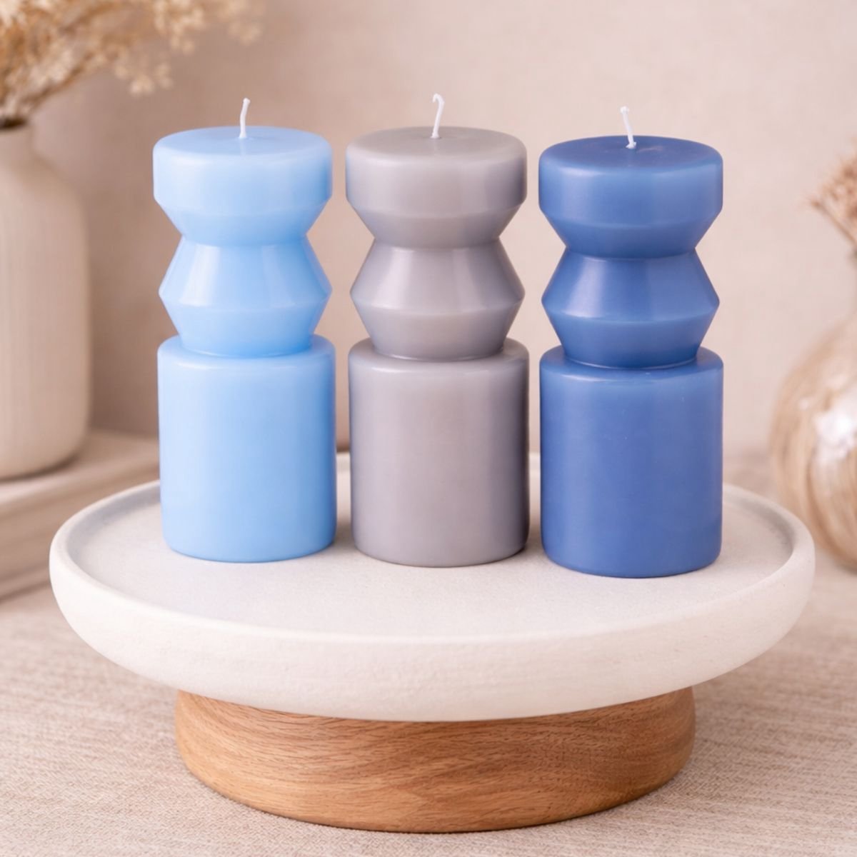 arti casa Pillarkaars - Set van 3 - Decoratieve Kaarsen - Ongeparfumeerd - Lange Brandduur - Modern Design - Cilindervormig - 6,5x6,5x13,5cm - Lichtblauw, Grijs en Blauw
