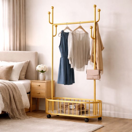 Arisa Home Kledinghangers- Goud-Wit - Kapstok met opberg mand - Multifunctionele Kledingrek - Kleding Hanger met opbergmand -kledingrek op wieltjes - 170x80x32cm