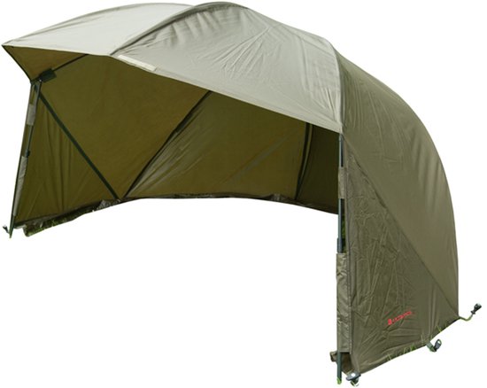 Olijfgroene brolly met een open voorkant en tentstokken.