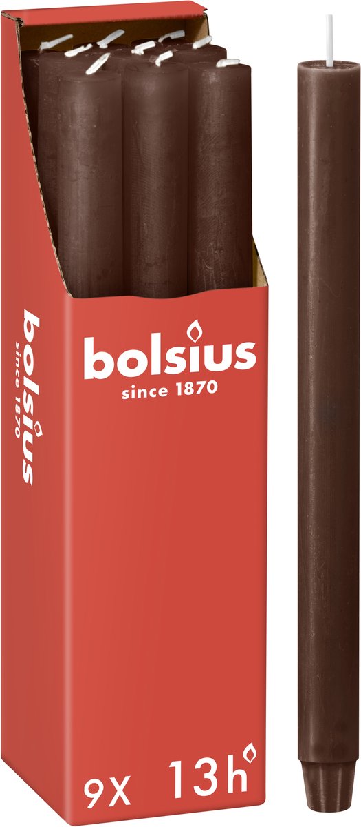 Bolsius Rustieke Dinerkaarsen - Donkerbruin - 9 stuks - 13 branduren - 27cm