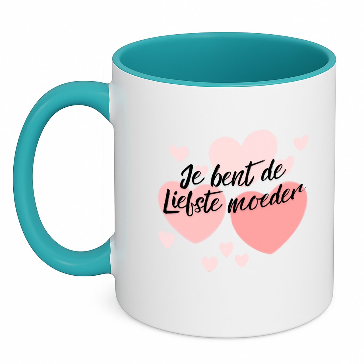 Hacebo® - Je bent de liefste moeder met hartjes achtergrond koffiebeker turquoise - Liefste moeder - thee mok - koffie beker - moederdag cadeautje - Cadeau voor mama - Verjaardag - Geschenk - Cadeau - Gift - koffiemok - 350 ML inhoud