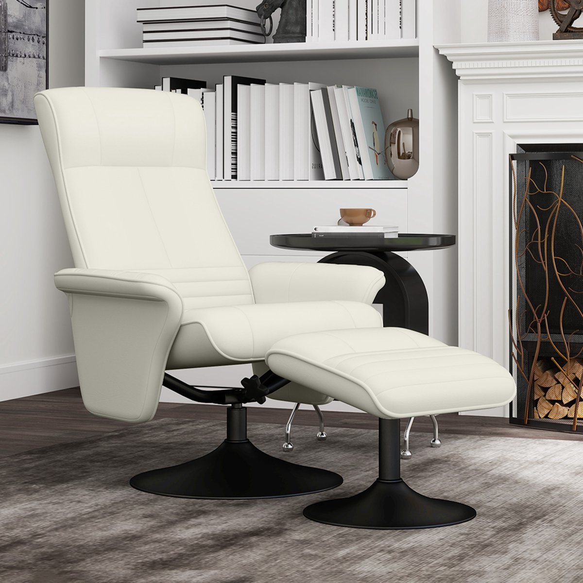 REDOM Relaxstoel Met Voetenbank - 360° Draaibaar - Verstelbare Rugleuning Tot 135° - Met Brede Armleuningen - Ergonomisch Comfortabel - Voor Woonkamer of Leeshoek - Polyester - Crèmewit Crème wit