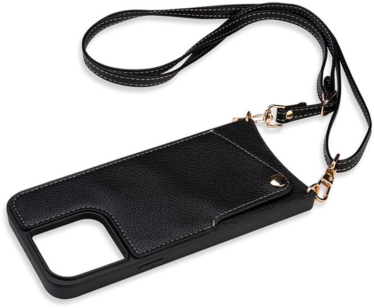 CaseBoutique Backcase hoesje geschikt voor iPhone 14 Pro - Effen Zwart - Kunstleer - met Crossbody Koord & Pashouder