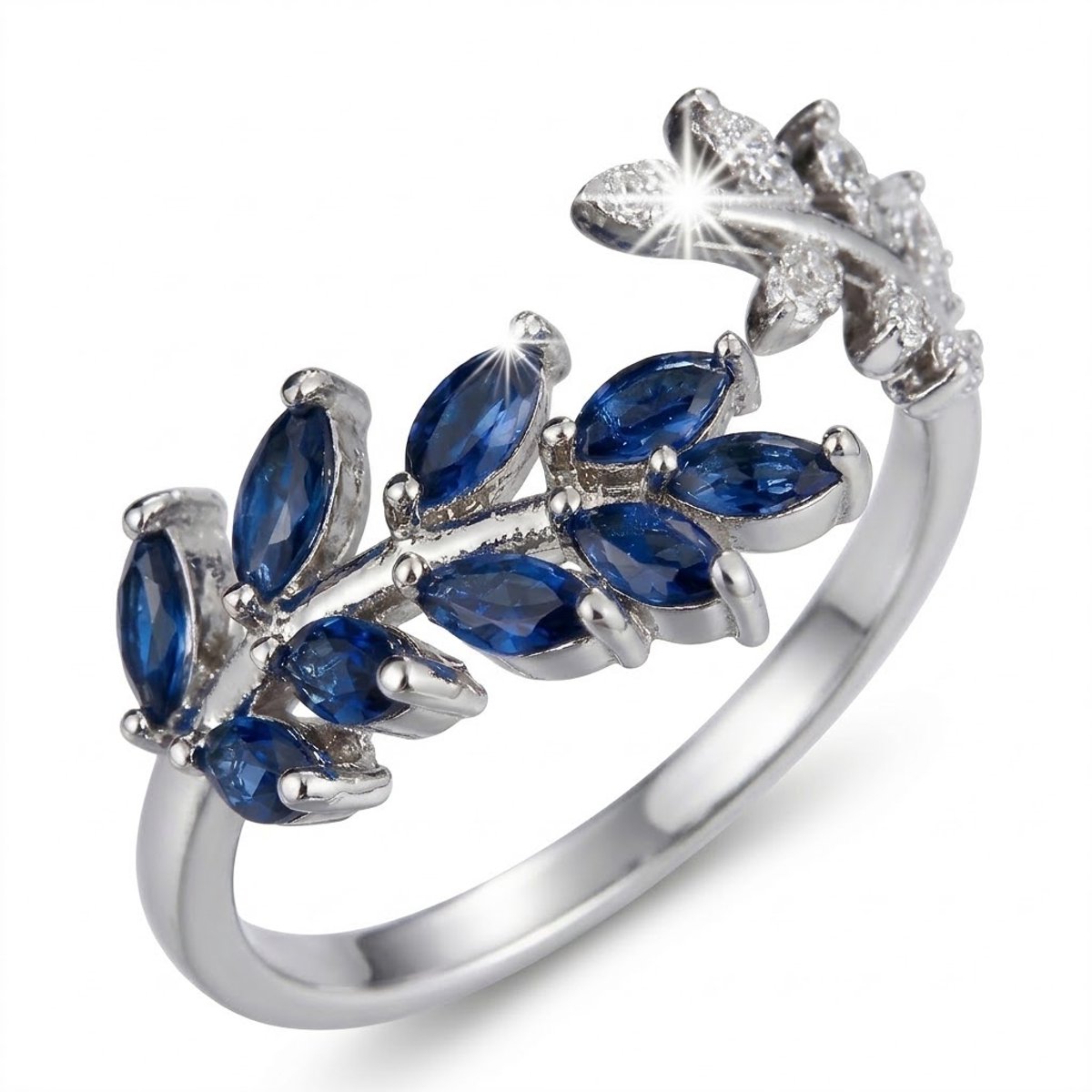 Elegante Marquise Zirkonia Ring – Open Bladontwerp (Zilverblauwe Spinel)
