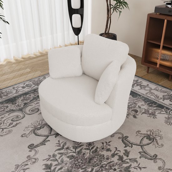 REDOM Luxe Draaifauteuil Teddy (360°) - Ronde Loungestoel met 3 Kussens - Bouclé / Sherpa - Ivoorwit