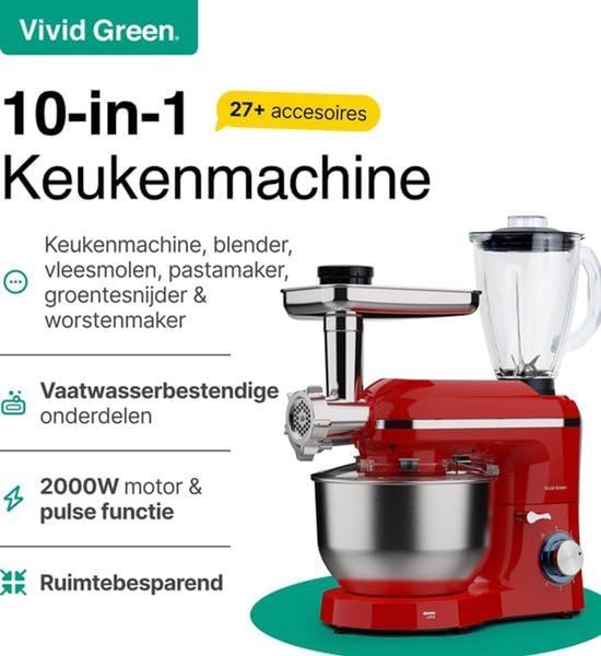 Keukenmachine - Keukenrobot Foodprocessor - Bakken en Koken - 15 Delige Set - 6.2L Kom - Rood van Merkloos — afbeelding 5