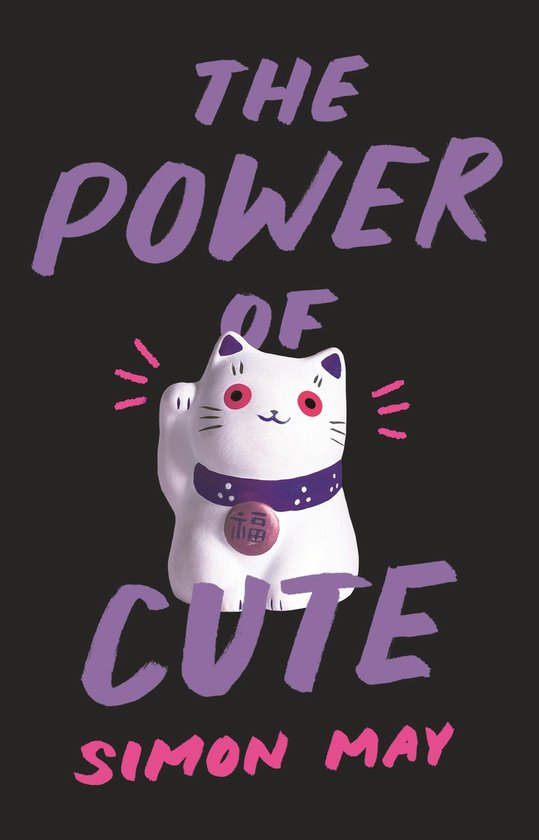 Boek 'The Power of Cute' met een witte Lucky Cat met paarse halsband en de tekst 'The Power of Cute' in paarse letters.