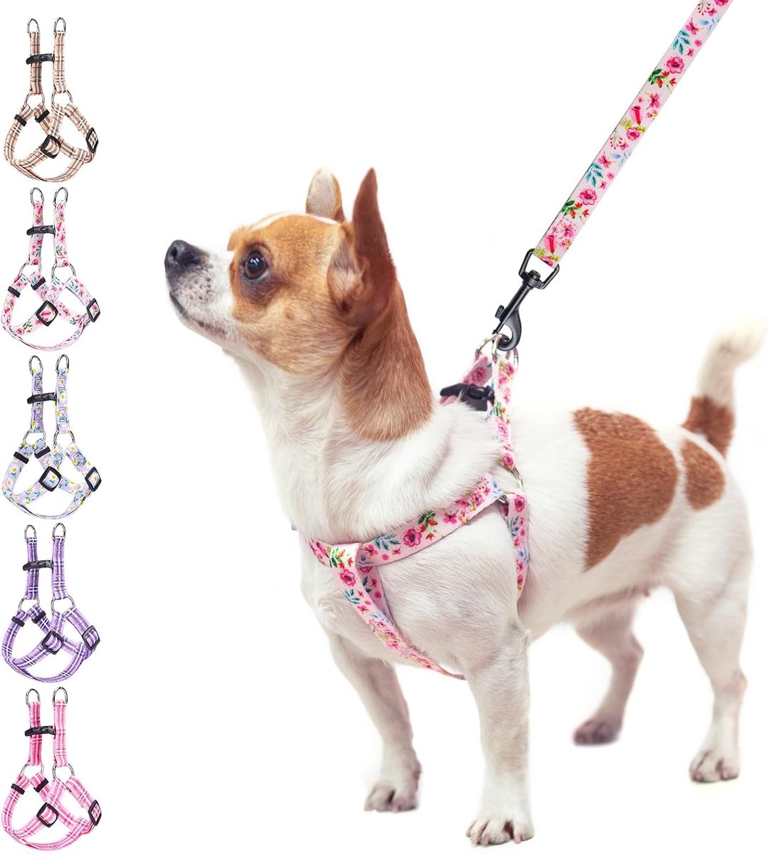 Honden Harnas Set - Veilig Uitlaatsysteem - Comfortabel Wandelen - Verstelbaar Ademend - Kleine Honden - Roze Bloemen