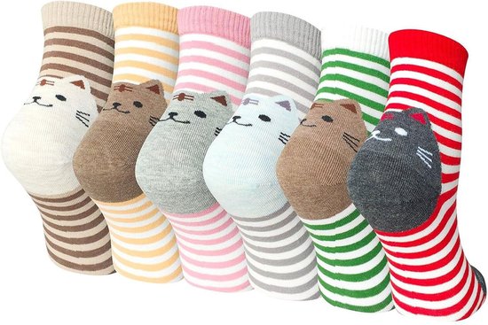 Fashion Sokken - Nieuwe Stijl Kitten - 6 Paar - Maat 36-40 - Novelty Animal Socks - Dames sokken - Kleurrijke sokken met schattige kat - Casual katoenen sokken - Tieners - Vrouwen - Volwassenen - Leuk Sokken