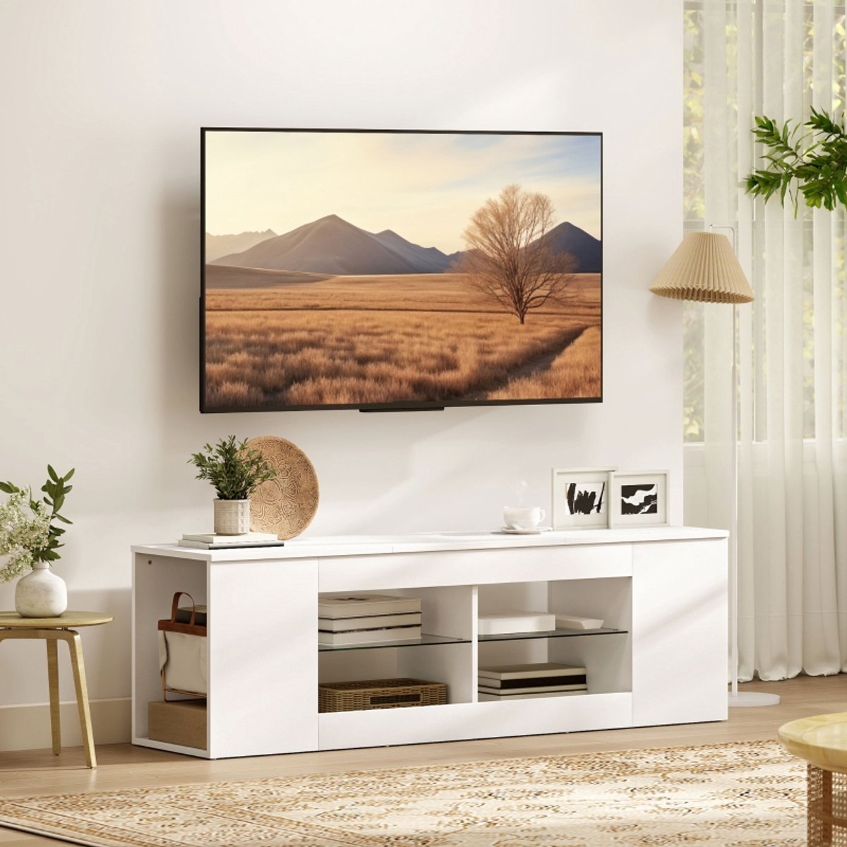 Wishdor Tv-Meubel - 6 Vakken En 2 Glazen Planken - Modern - Voor Woonkamer - Spaanplaat En Glas - Wit - 140 Cm