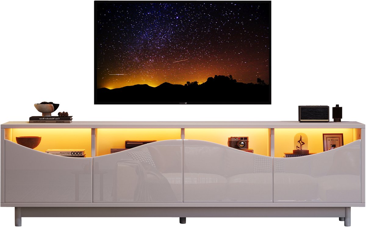Wishdor - TV-Meubel - Gebogen Hoogglans Front Met LED-Verlichting - Modern - MDF - Wit - 175 X 38 X 51 Cm